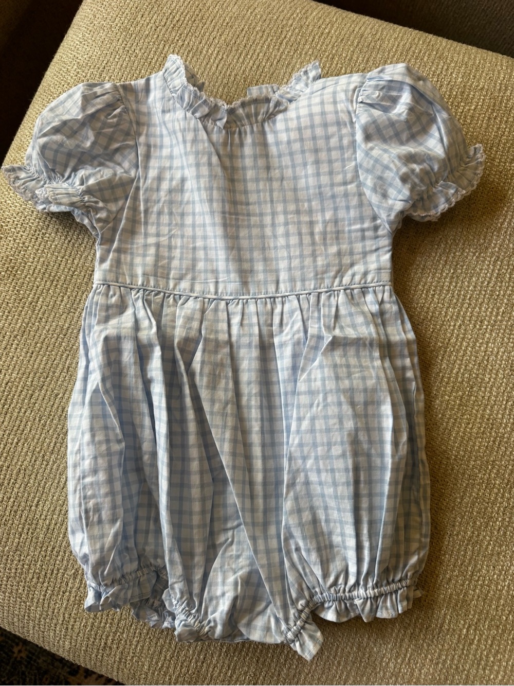 NWT Smockingbird Light Blue Gingham Baby Bubble with lace detailing
